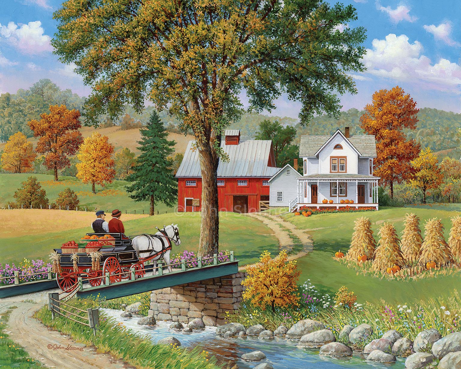 Village scene with a house, barn, and horse-drawn carriage on a bridge over a stream.